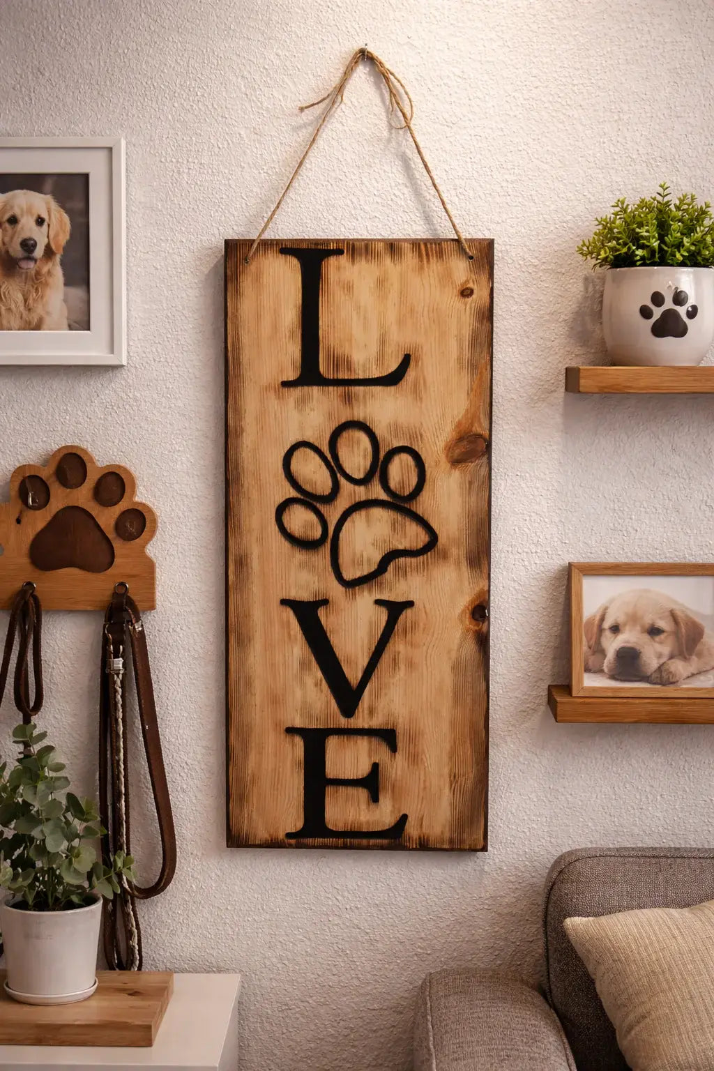 Für Tierliebhaber als Geschenk oder für dich selbst als Deko. Holzbrett gefräste Buchstaben LOVE mit Pfote. Geflämmt mit Seil zum aufhängen.