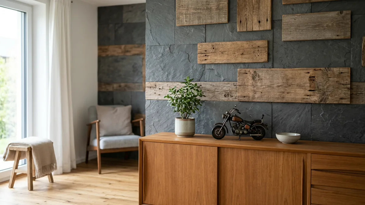 Wohnzimmerwand mit Schiefer- und Holzdeko im Route-66-Stil