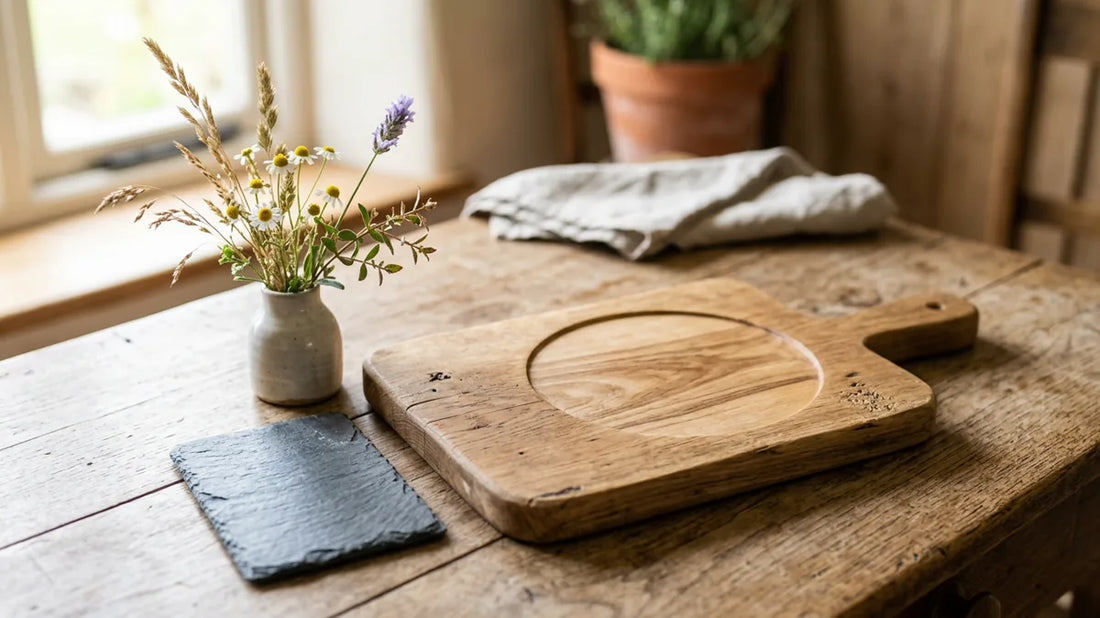 Holzbrett mit Schieferplatte und Blumen als Motiv für ein Hochzeitsgeschenk