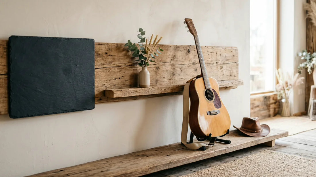 Wanddeko aus Holz und Schiefer neben Gitarre und Cowboyhut