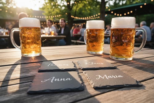 4er Set Schiefer-Untersetzer 10x10 cm personalisierbar mit Holzbox