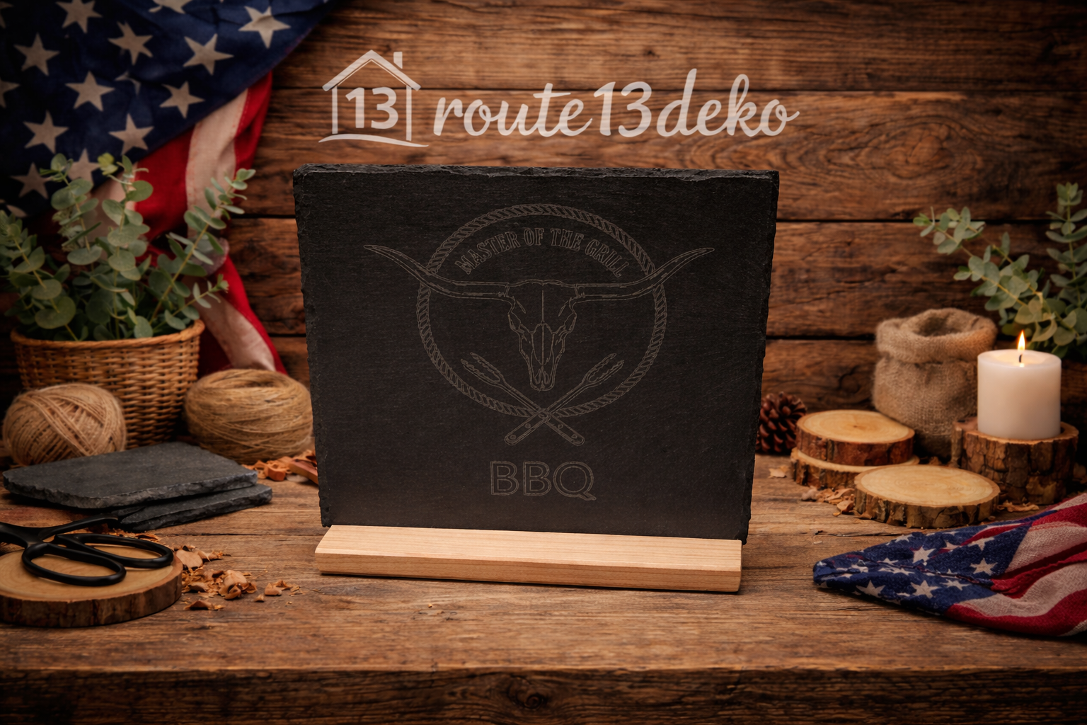 holzständer mit bbq Schieferplatte gravur