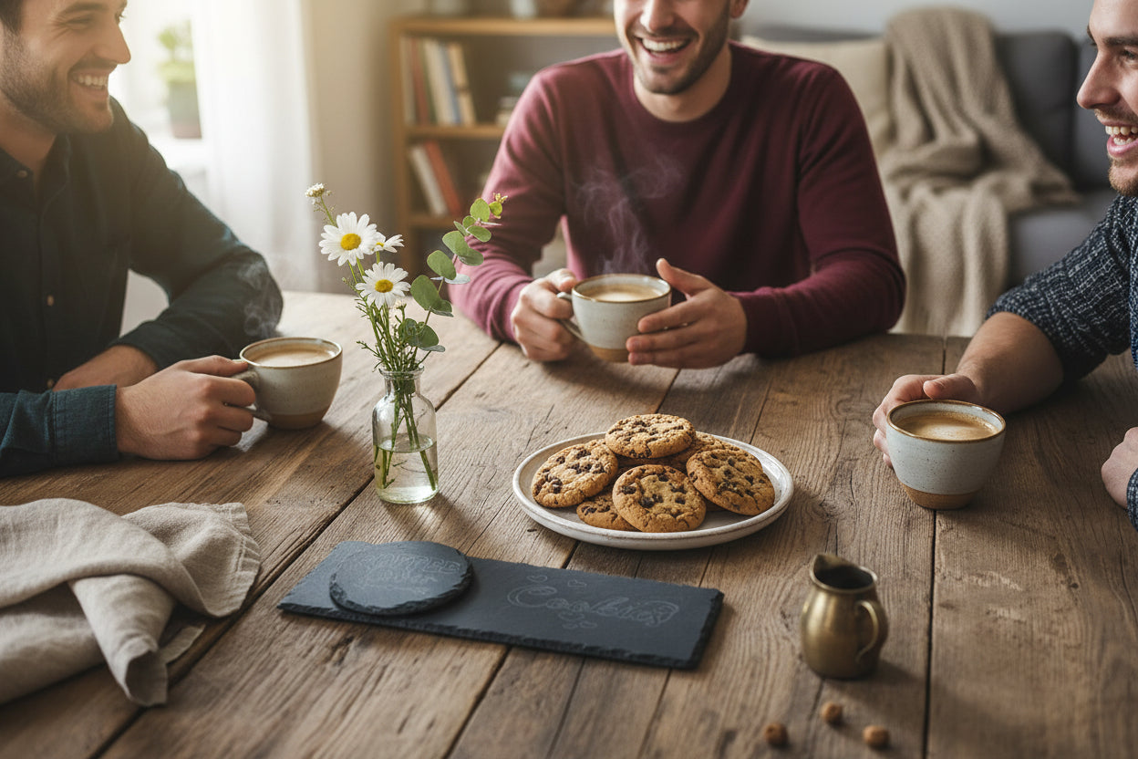 Gemütlich zum Kaffee mit freunden scheferplatte graviert. auch als geschenk shr gut geeignet