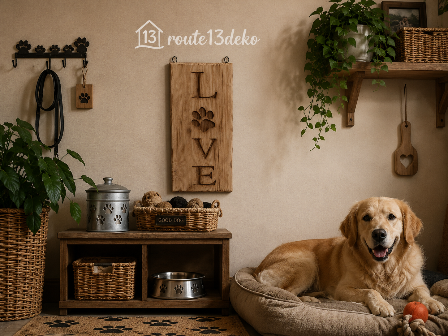 Holzschild LOVE mit Pfotenabdruck an der Wand in gemütlichem Hundebesitzer-Zuhause mit Golden Retriever route13deko