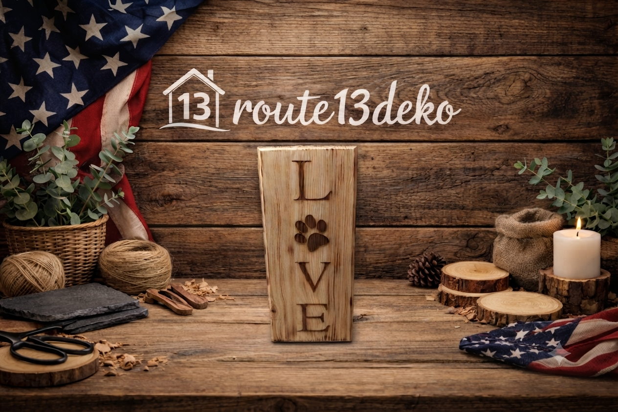 Holzschild LOVE mit Pfotenabdruck 35x16x1,8 cm Kiefer gelasert und geflämmt auf rustikalem Holzhintergrund route13deko