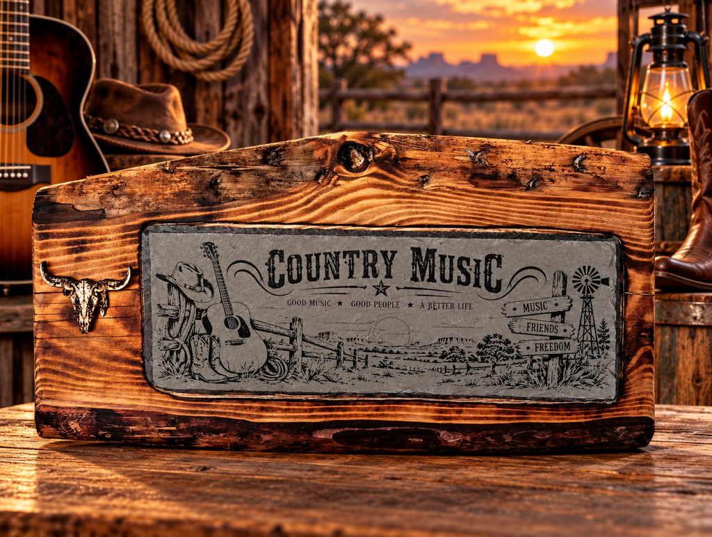 Country-Music-Schieferplatte auf geflämmtem Fichtenholzbrett mit Bullenkopf aus Holz in Western-Kulisse