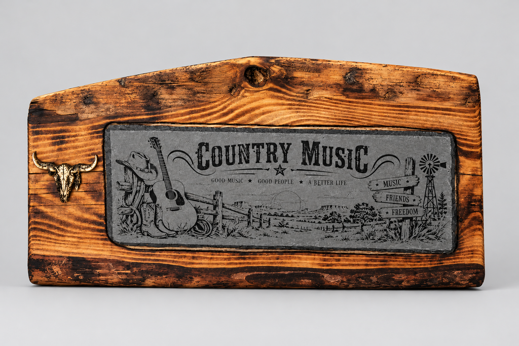 Vorderansicht der Country-Music-Wanddeko mit Schiefermotiv, gemasertem Fichtenholzbrett und hölzernem Bullenkopf"
