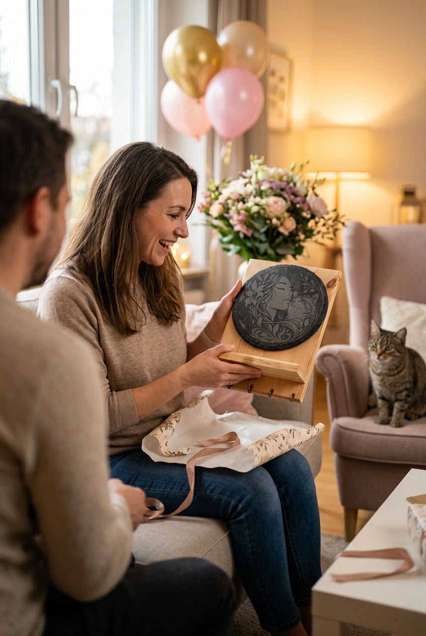 Holz Schlüsselbrett mit gravierter Schieferplatte Motiv: Frau und Katze als Geschenk.