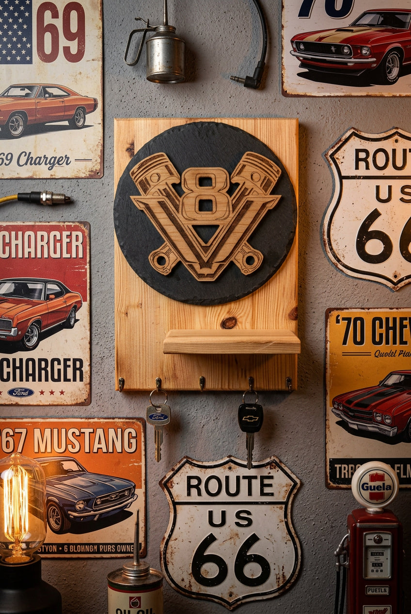 Schlüsselbrett aus Holz V8 Zeichen an der Wand