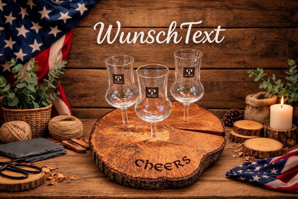 Haselnuss-Baumscheibe mit 3 Grappa-Gläsern – „Cheers“