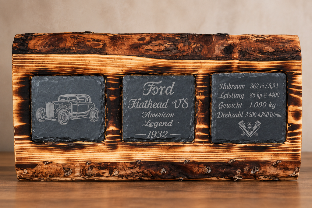 Holzschild aus Fichte mit 3 gravierten Schieferplatten-Ford Flathead