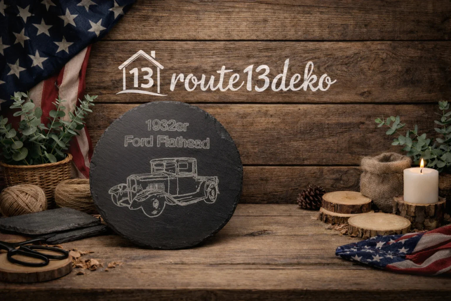 Gravierter Schiefer Ford Flathead 1932 rund 20cm Durchmesser