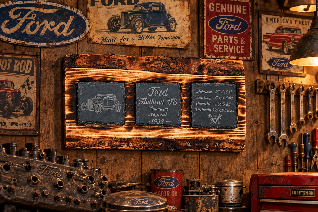 Holzschild aus Fichte mit 3 gravierten Schieferplatten-Ford Flathead
