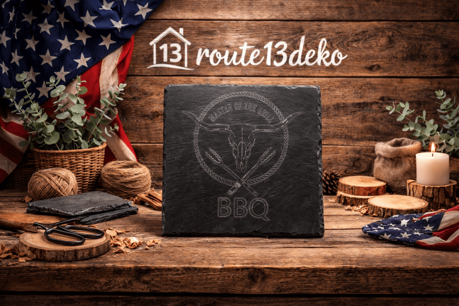 Gravierte Schieferplatte Motiv Longhorn BBQ 25x25cm - route13deko