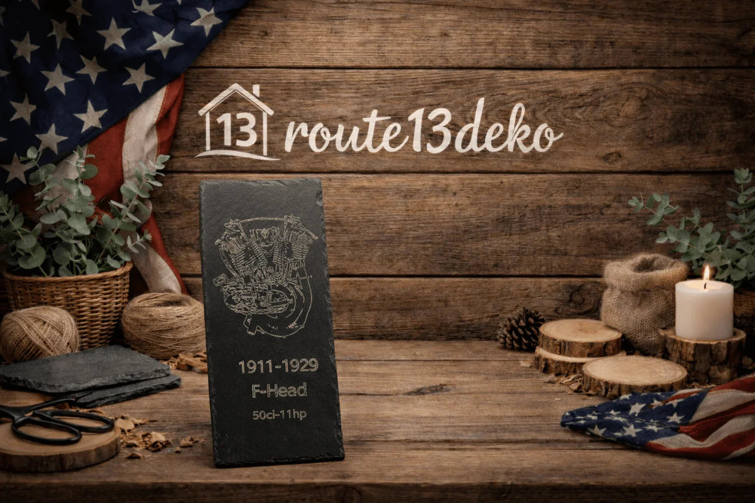 Gravierter Schiefer "F - Head Motorrad Motor" - route13deko