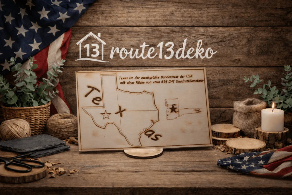 Holzschild Texas mit Gravur, rustikales Design, Dekoration aus Holz auf Holztisch