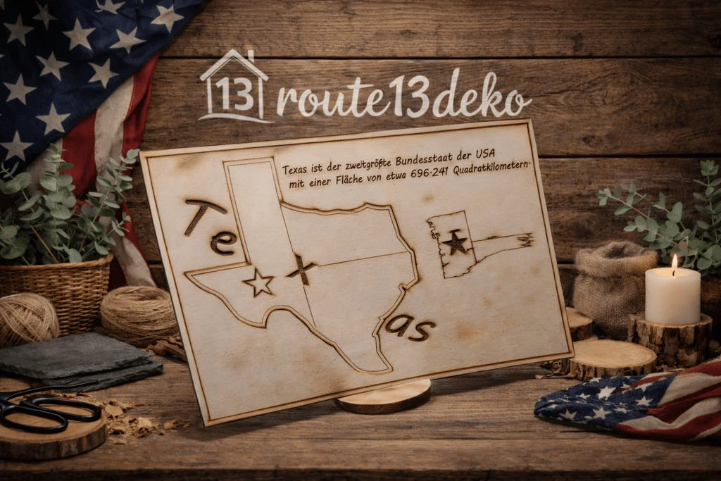 Holzschild Texas mit Gravur, Bundesstaat-Umriss und Text, Dekoration auf Holzständer