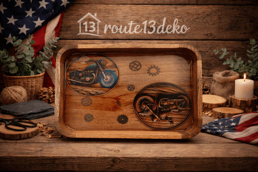 Holztablett mit Motorrädern und Zahnrädern aus Epoxidharz, rustikale Dekoration