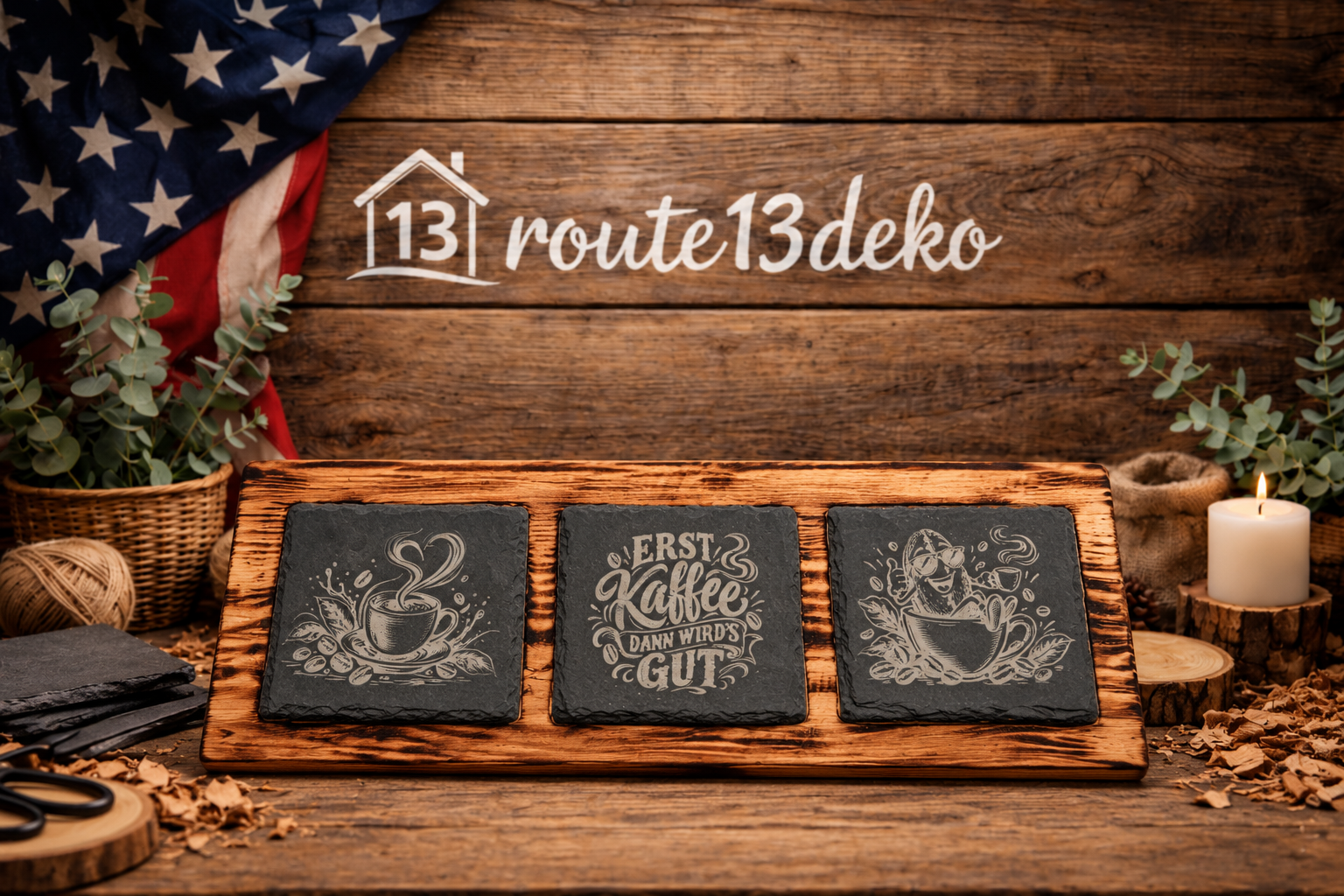 Wooden Board with 3 Engraved Slate Tiles – Coffee Designs – route13deko