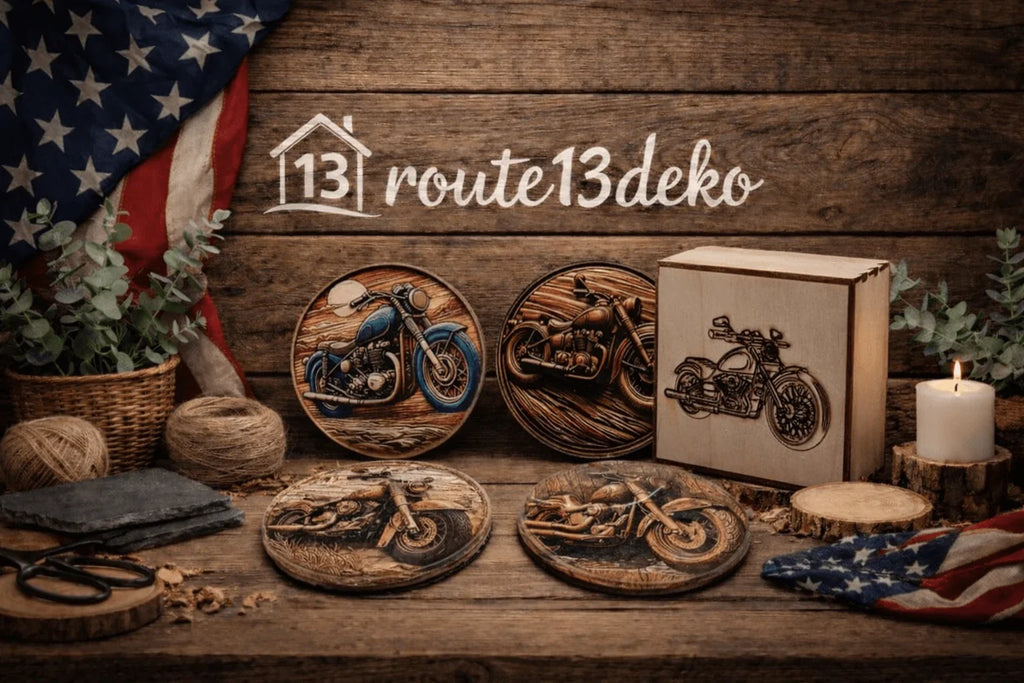 4er Set Holz-Untersetzer mit Motorrad-Designs in Epoxidharz, rustikale Tischdekoration