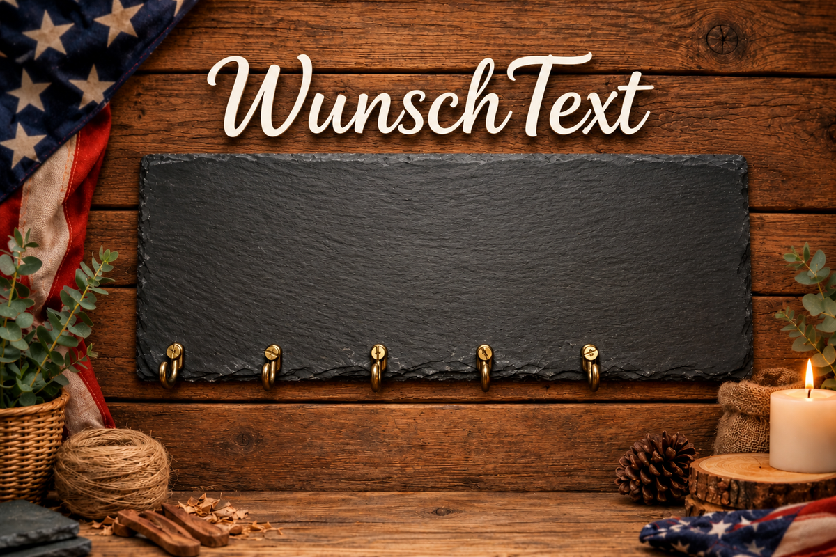 Personalisierbares Schlüsselbrett aus schwarzem Schiefer, 30 × 11 cm, mit fünf messingfarbenen Schlüsselhaken.
