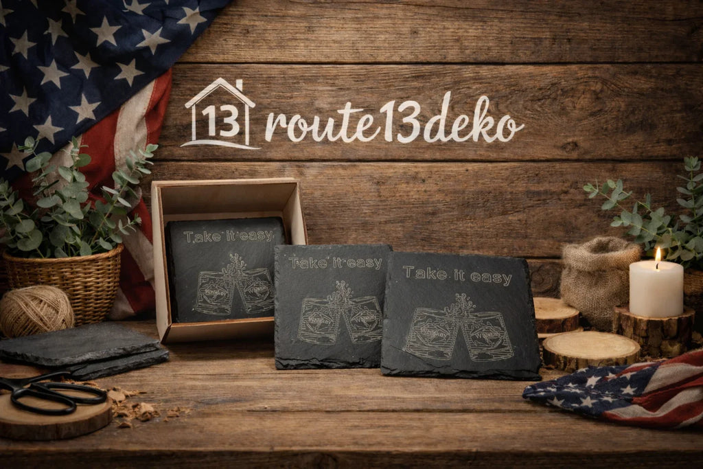 4x Schiefer Untersetzer Motiv Take it easy mit Box