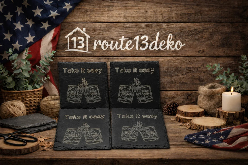 4x Schiefer Untersetzer Motiv Take it easy mit Box