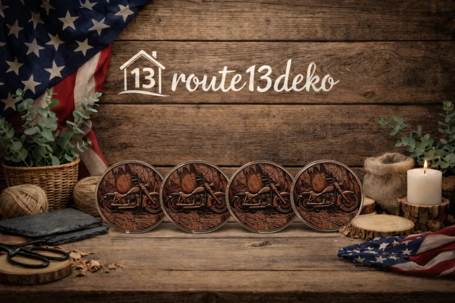 4 er Set Epoxidharz Holzuntersetzer Motorrad in einer Holz-Box Variation 1