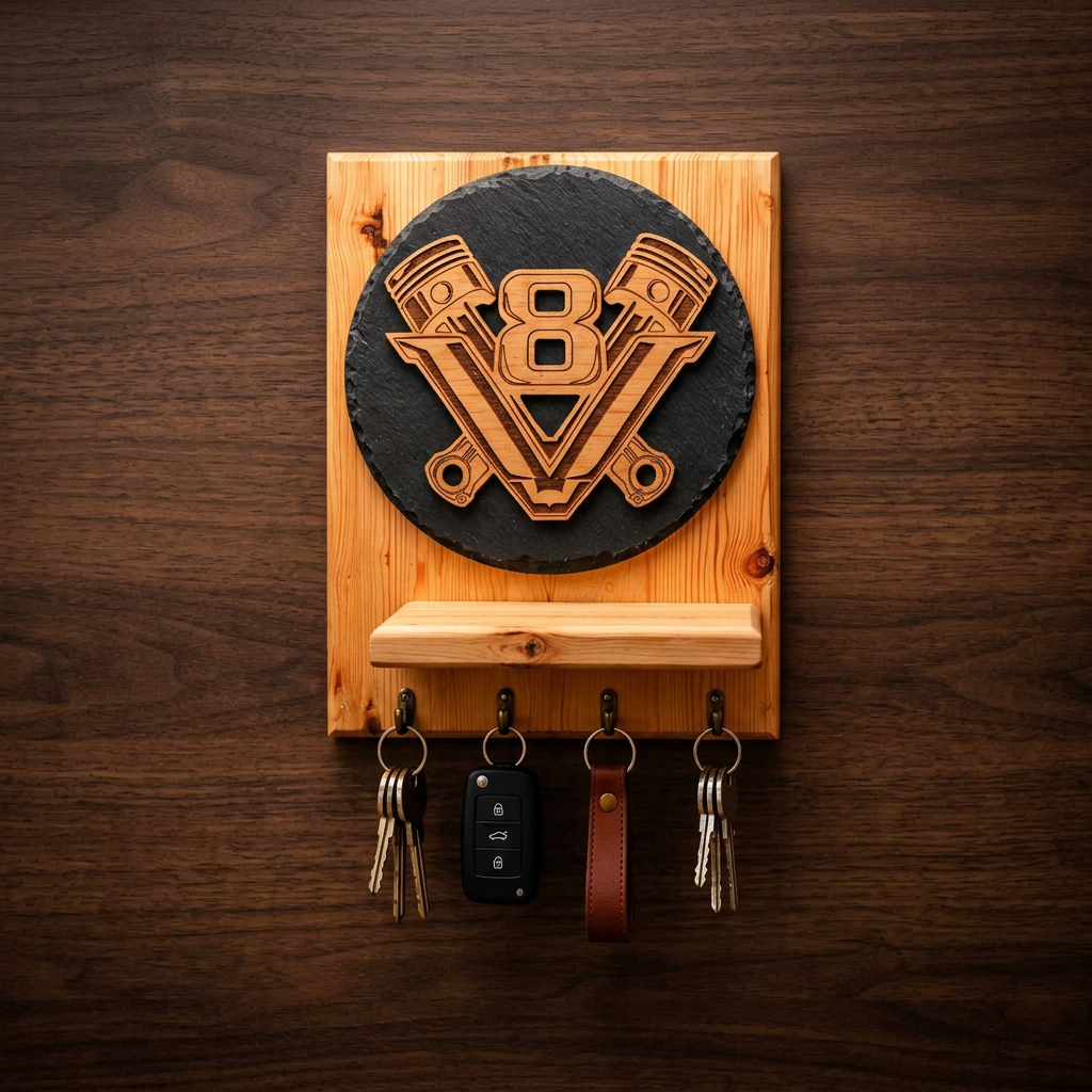 Holz-Schlüsselbrett mit V8-Emblem aus Birkenholz – geölt, mit Ablage