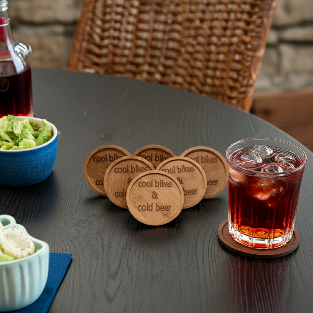 6x Holzuntersetzer mit  Spruch- cool bikes&cold beer