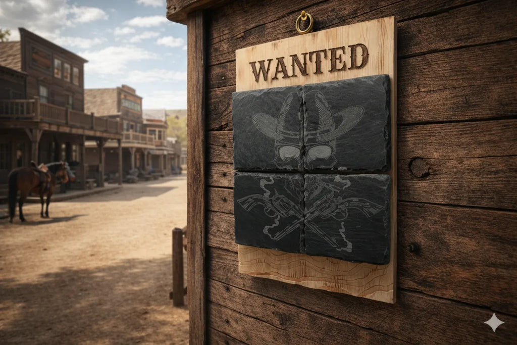 Wanted Skull Head auf Schiefer und Hol